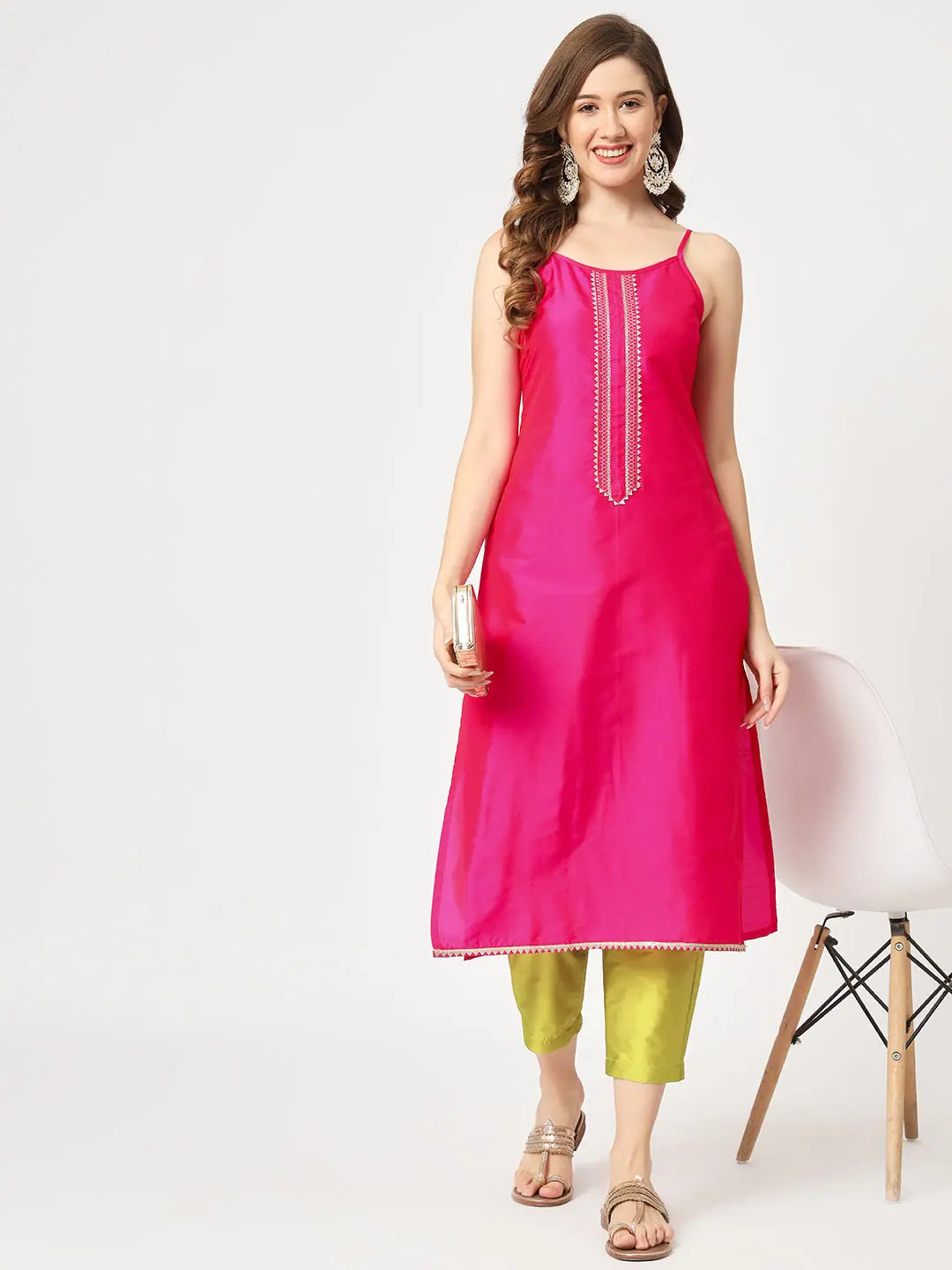 Festive Embroidered Strappy Kurta With Contrasting Pants