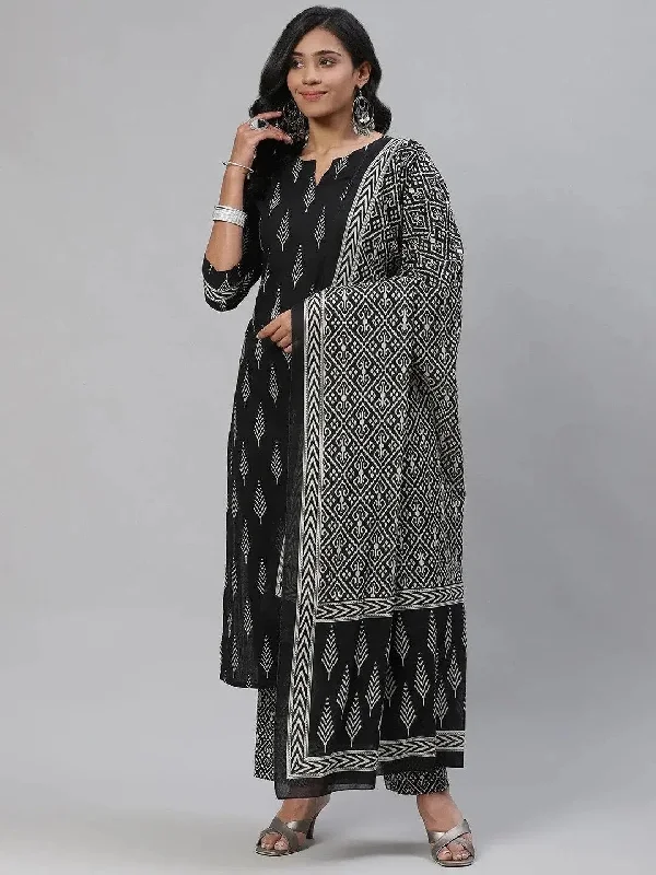 Ahika Women Black Cotton Printed Straight Kurta Palazzo Set-VKSKD1196_L