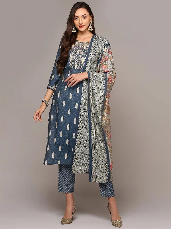 Ahika Women Blue Silk Blend Embroidered Straight Suit Set PKSKD1999