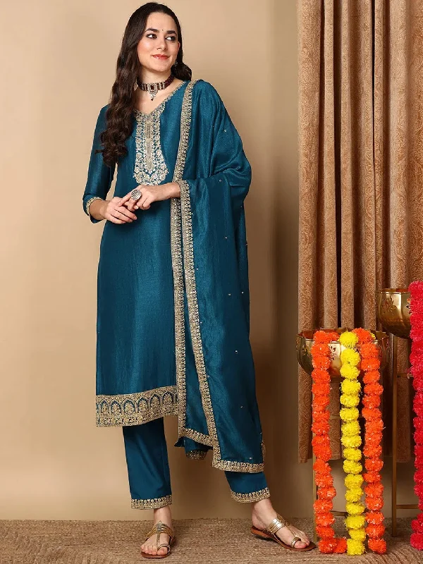 Ahika Women Teal Silk Blend Embroidered Straight Kurta Pant Set With Dupatta-PKSKD2136_S