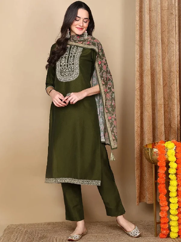 Ahika Women Olive Silk Blend Embroidered Straight Kurta Pant Set With Dupatta-PKSKD1823A_XS