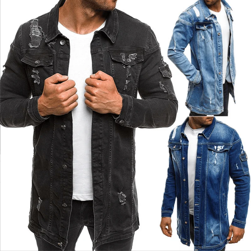 Fashion Men'S Mid-Length Ripped Denim Jacket