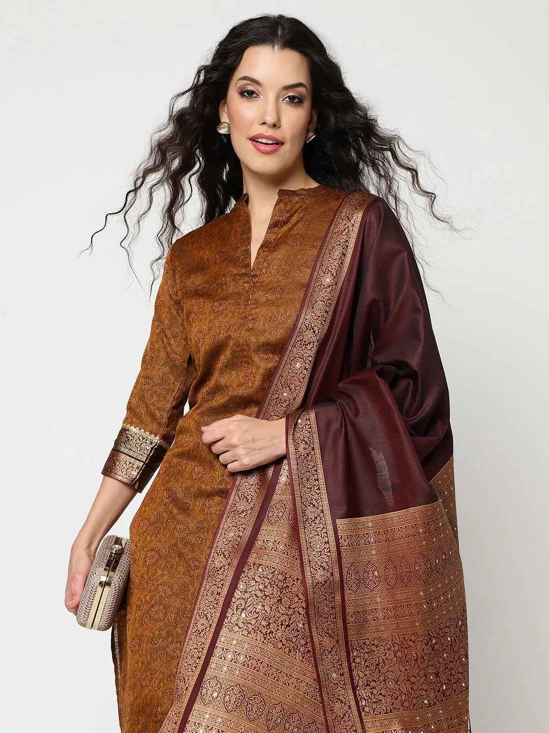 Festive Jaquard Kurta With Straight Pant And Matching Dupatta Set