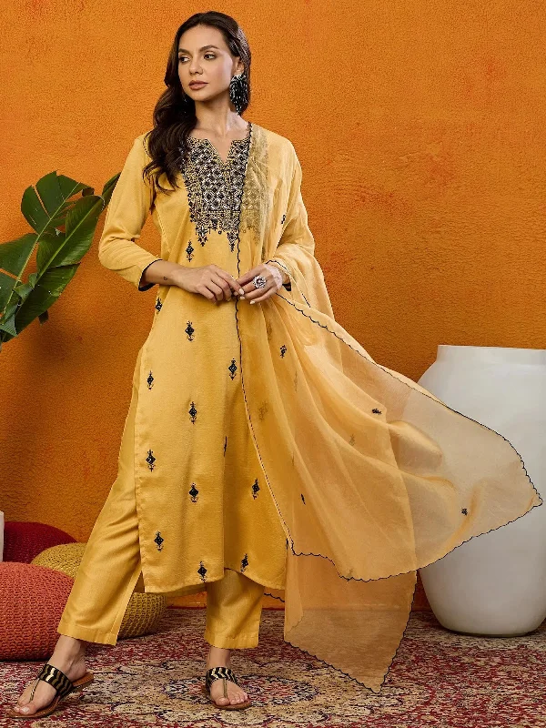 Ahika Women Yellow Silk Blend Embroidered Straight Kurta Pant Set With Dupatta-PKSKD2032_S