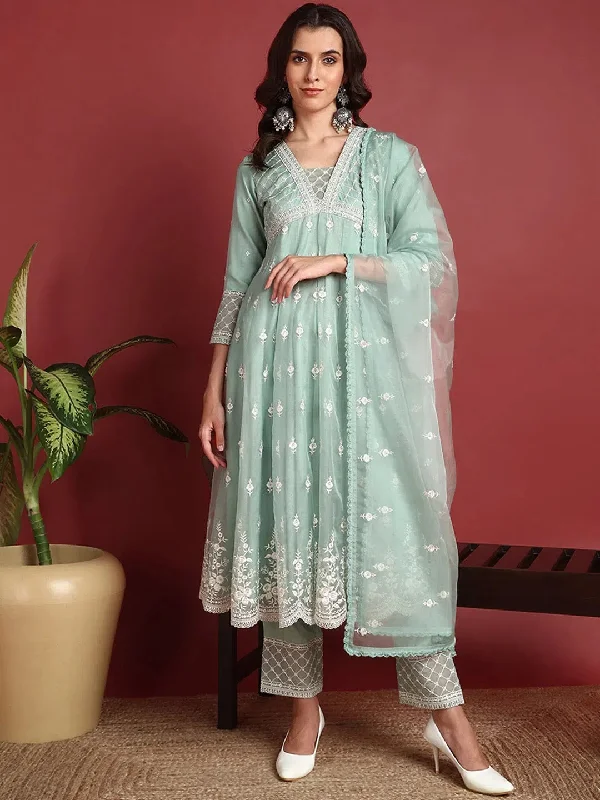 Ahika Organza Solid Green Indian Ethnic