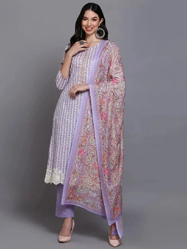 Ahika Women Lavender Rayon Printed Straight Kurta Pant Set