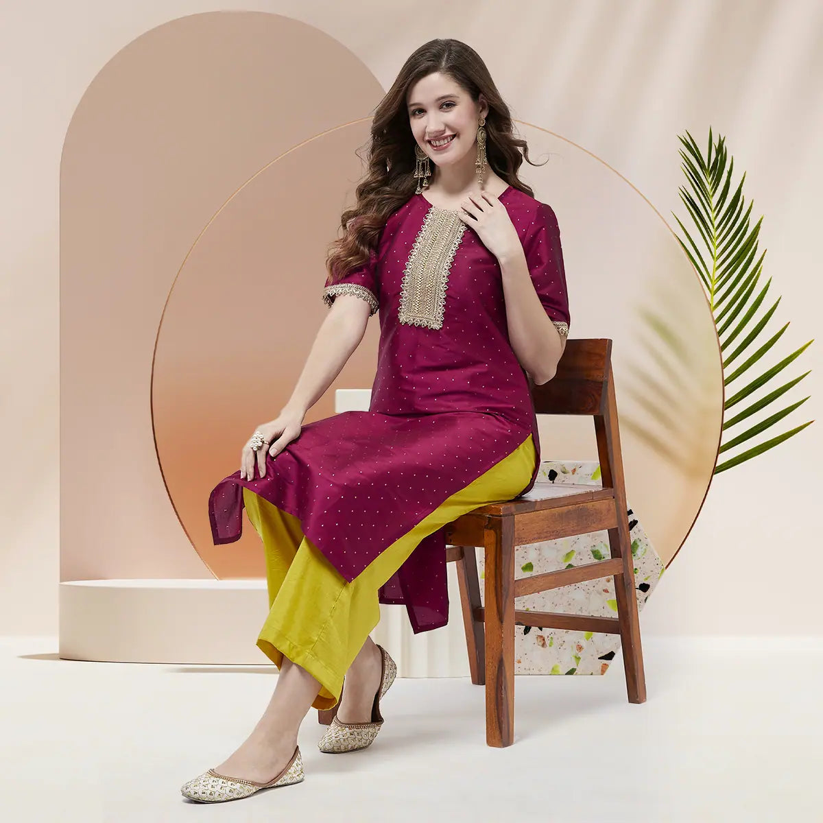 Festive Self Embroidered Buti Kurta With Lace Details And Contrasting Pants