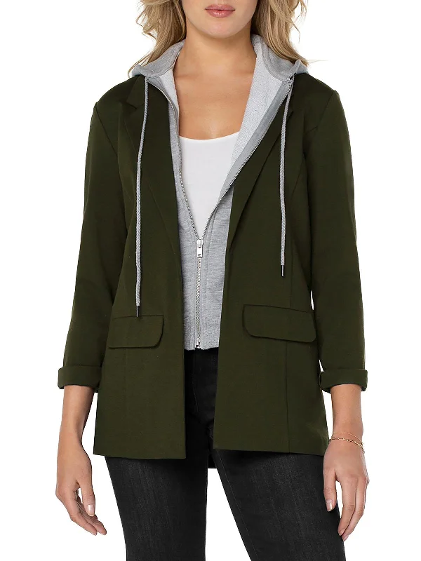 Womens Hooded Mixed Media One-Button Blazer