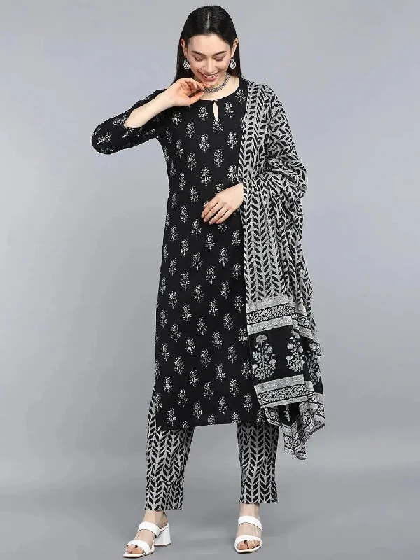 Ahika Women Black Cotton Printed Straight Kurta Pant Set-VKSKD1318_L