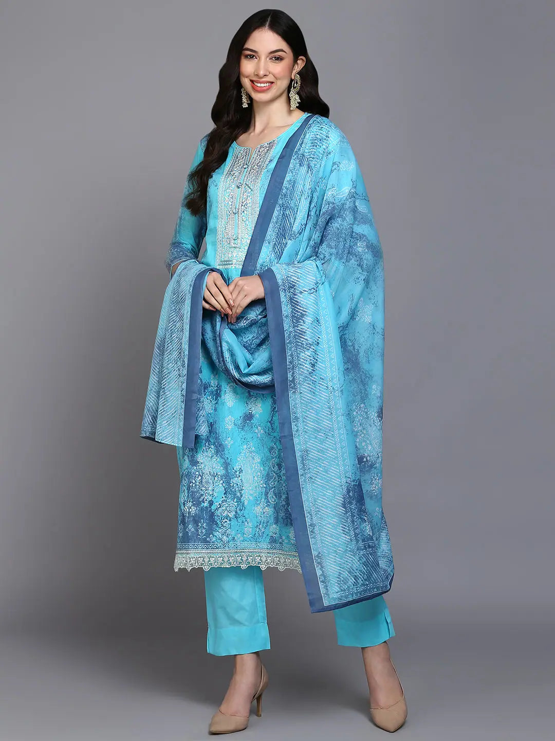 Cotton Blue Printed Straight Kurta Pant With-VKSKD1923_XS