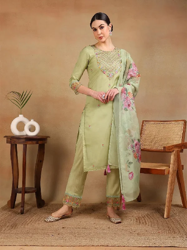 Ahika Women Green Organza Embroidered Straight Kurta Pant Set With Dupatta-PKSKD2325_S