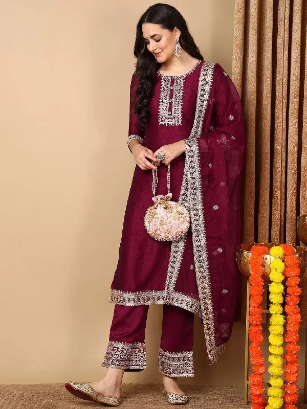 Ahika Women Maroon Silk Blend Embroidered Straight Kurta Pant Set With Dupatta-PKSKD2134_S