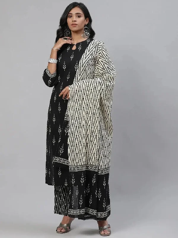 Ahika Women Black Cotton Printed Straight Kurta Pant Set-VKSKD1197_L