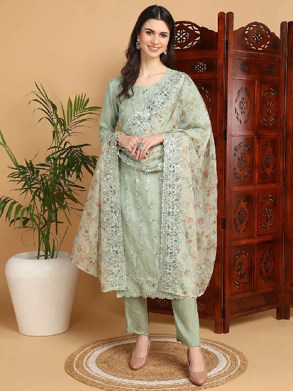 Ahika Women Green Organza Embroidered Straight Kurta Pant Set With Dupatta-PKSKD2083_XS