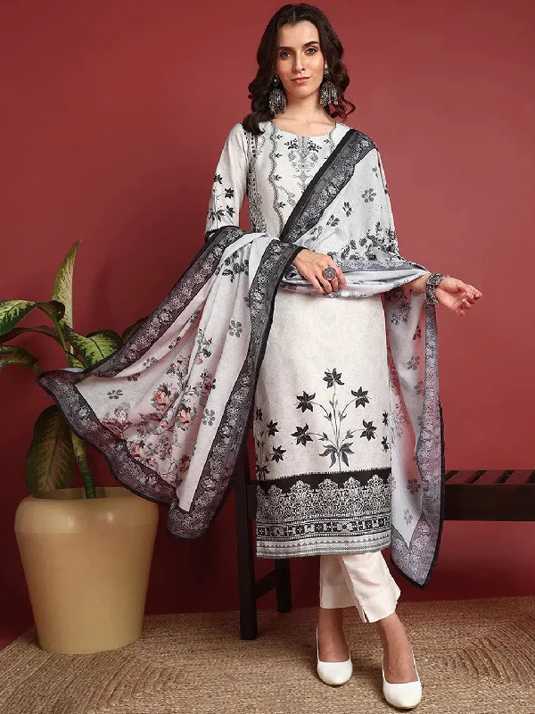 Ahika Polyester Floral White Indian Ethnic-PKSKD2384_S