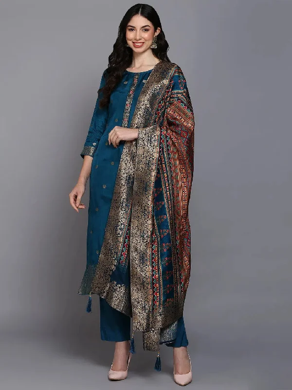 Viscose Rayon Teal Blue Embroidered Straight Kurta