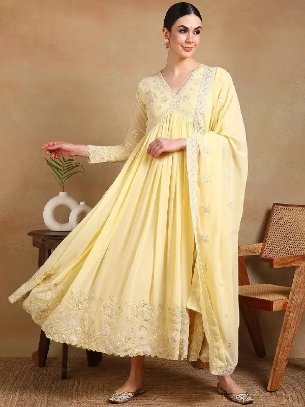 Ahika Women yellow Georgette Embroidered Anarkali Kurta Dupatta Set