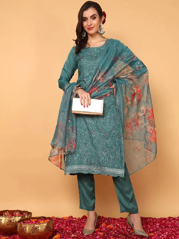 Ahika Women Green Organza Floral Embroidered Straight Kurta Trouser With Dupatta-PKSKD2024_XS