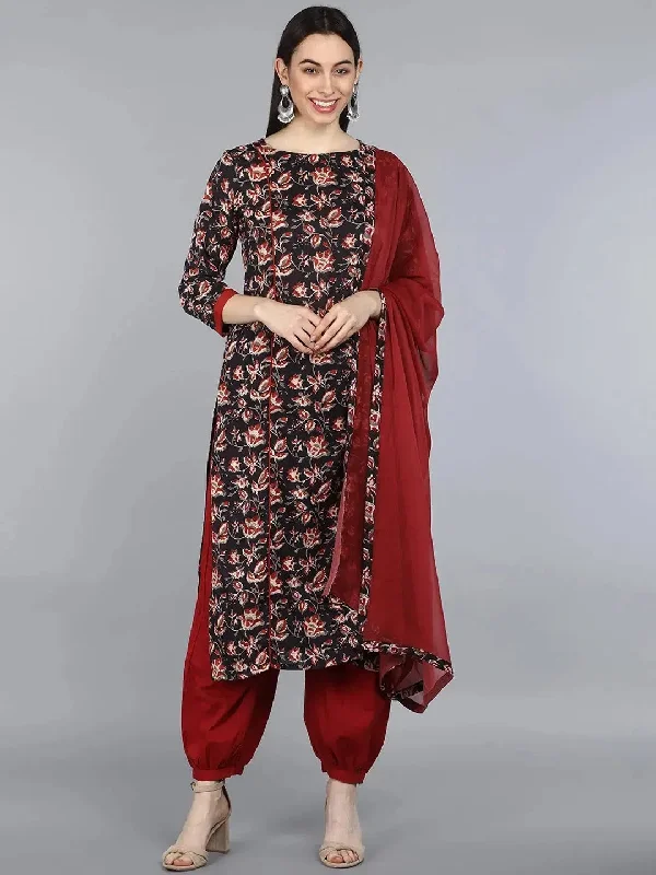 Ahika Women Black Cotton Printed Straight Kurta Salwar Set