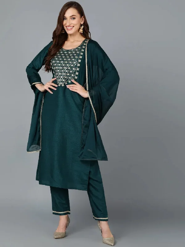 Green Silk Blend Embroidered Straight Suit Set-PKSKD1813_XS