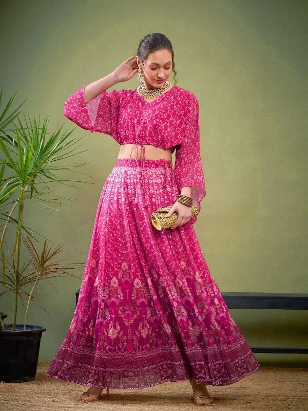 Women Pink Floral Anarkali Skirt With Crop Top