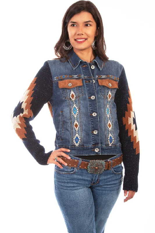 Scully Womens Denim Cotton Blend Aztec Embroidered Jacket 4X