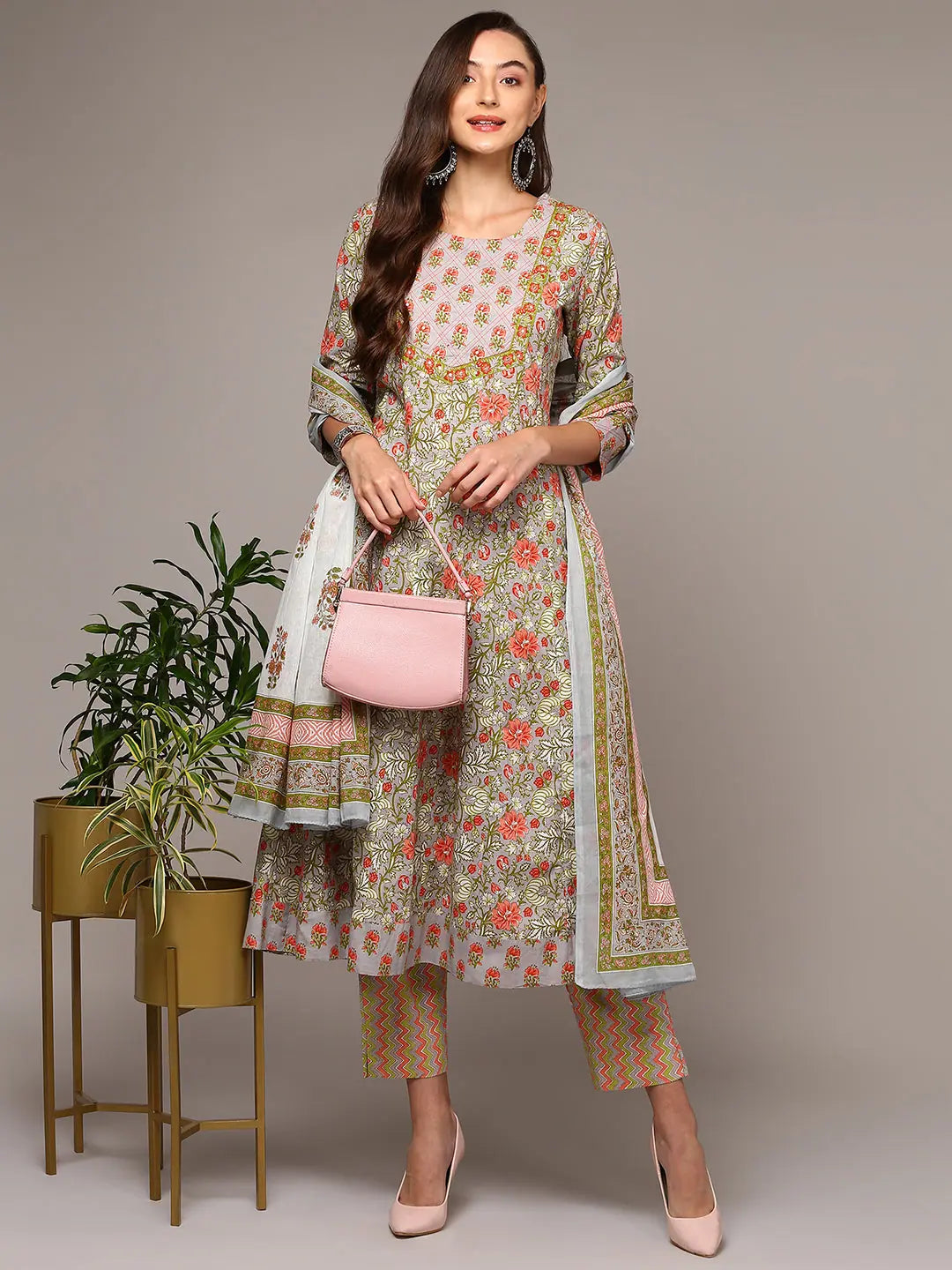 Ahika Women Grey Pure Cotton Printed Flared Suit Set VKSKD1975