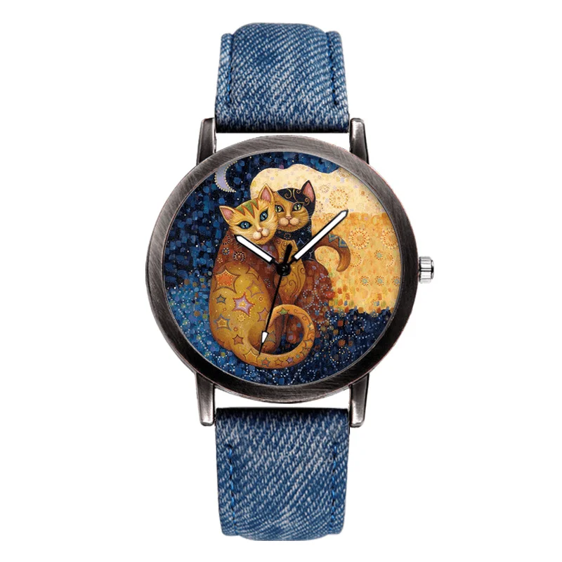 Temperament Cartoon Cat Blank Dial All-Match Denim Strap Women Quartz Watch Wristwatch