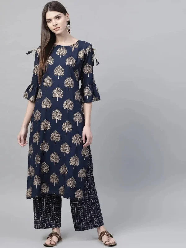 Ahika Women Navy Blue Cotton Printed Straight Kurta Palazzo Set