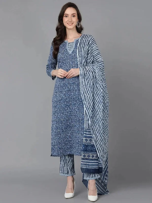 Ahika Women Blue Cotton Printed Straight Kurta Pant Set With Dupatta-VKSKD1616_XS