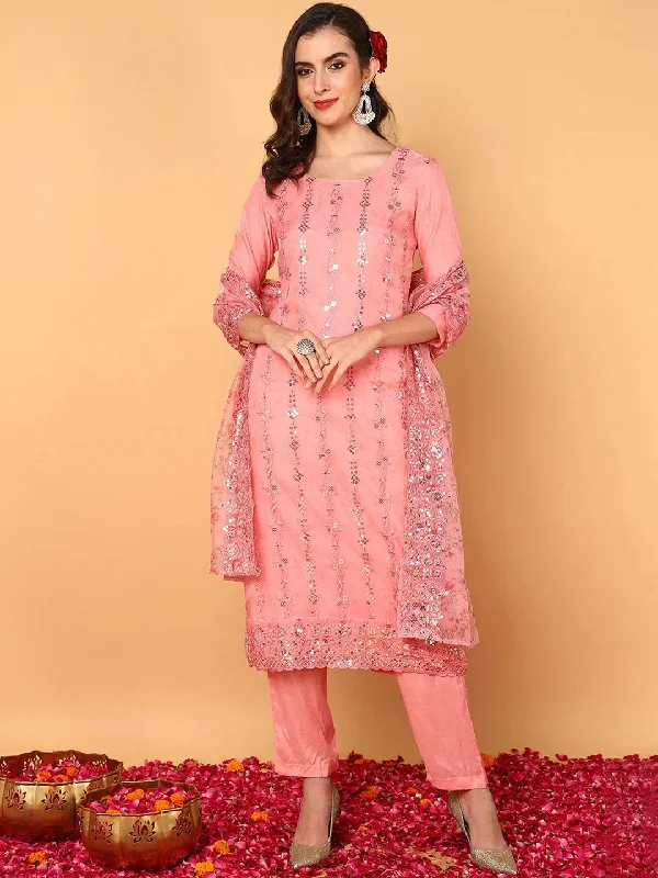 Ahika Women Pink Organza Floral Embroidered Straight Kurta Trouser With Dupatta