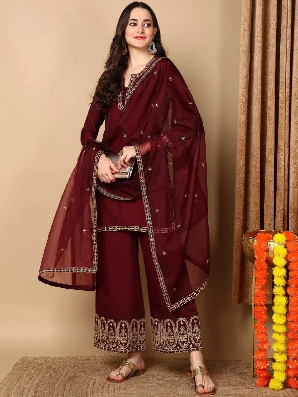 Ahika Women Burgundy Silk Blend Embroidered Straight Kurta Palazzo Set With Dupatta-PKSKD2123_S