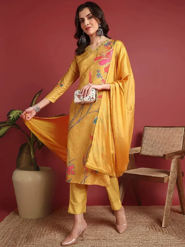 Ahika Polyester Floral Yellow Indian Ethnic-PKSKD2447_XS