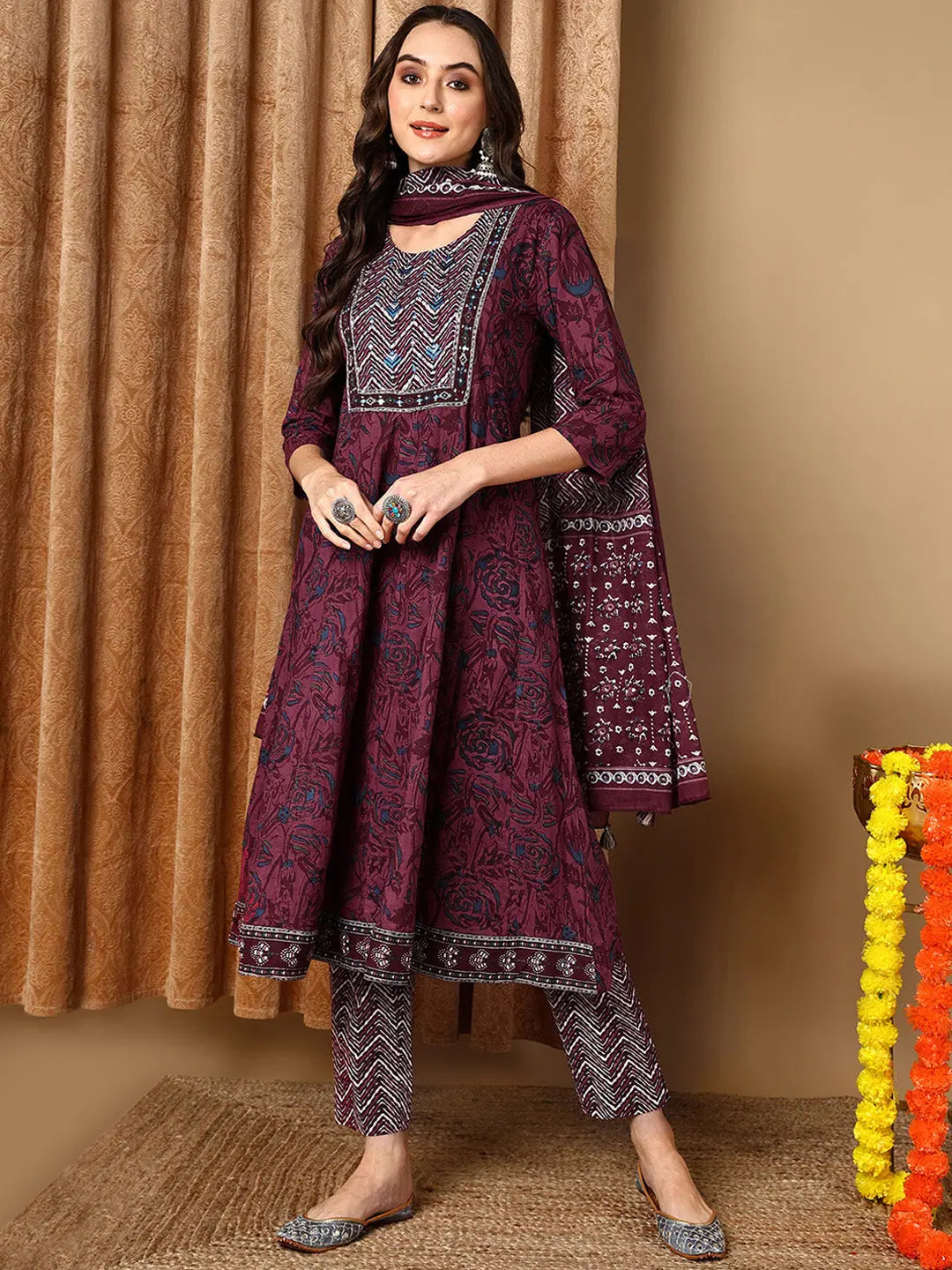 Ahika Women Magenta Pure Cotton Floral Printed Yoke Design Kurta Trouser With Dupatta