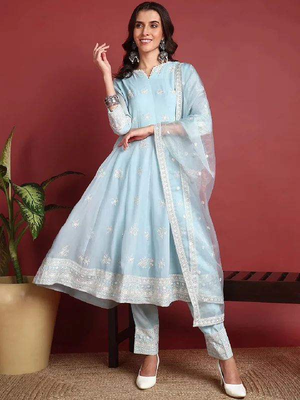 Ahika Organza Solid Blue Indian Ethnic-PKSKD2390_S