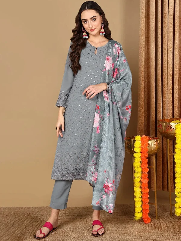 Ahika Women Grey Georgette Geometric Thread Work Straight Kurta Trouser With Dupatta