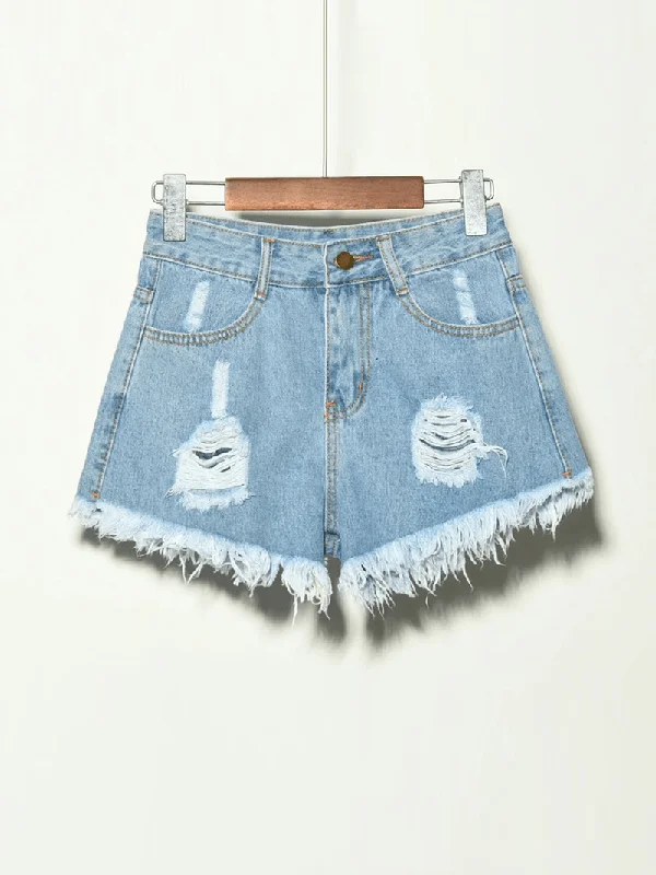 5 Colors Women Pocket Hollow Ripped Denim Shorts