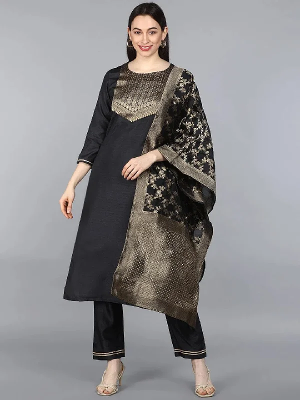 Ahika Women Black Poly Silk Woven Design Straight Kurta Pant Set With Dupatta