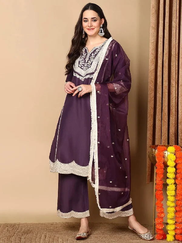 Ahika Women Purple Silk Blend Embroidered Straight Kurta Palazzo Set With Dupatta