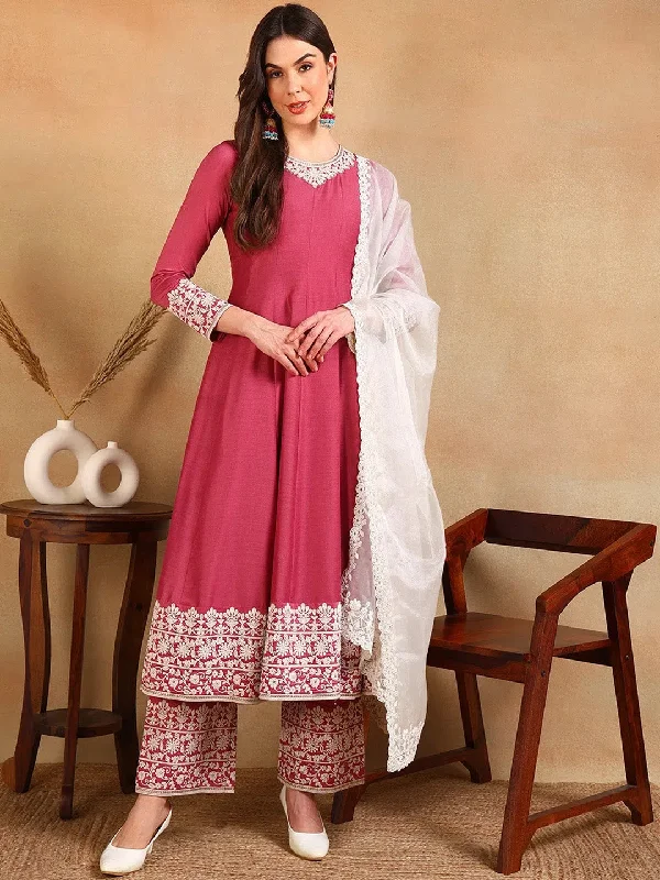 Ahika Women Pink Silk Blend Embroidered Anarkali Kurta Pant Set With Dupatta-PKSKD2363_S