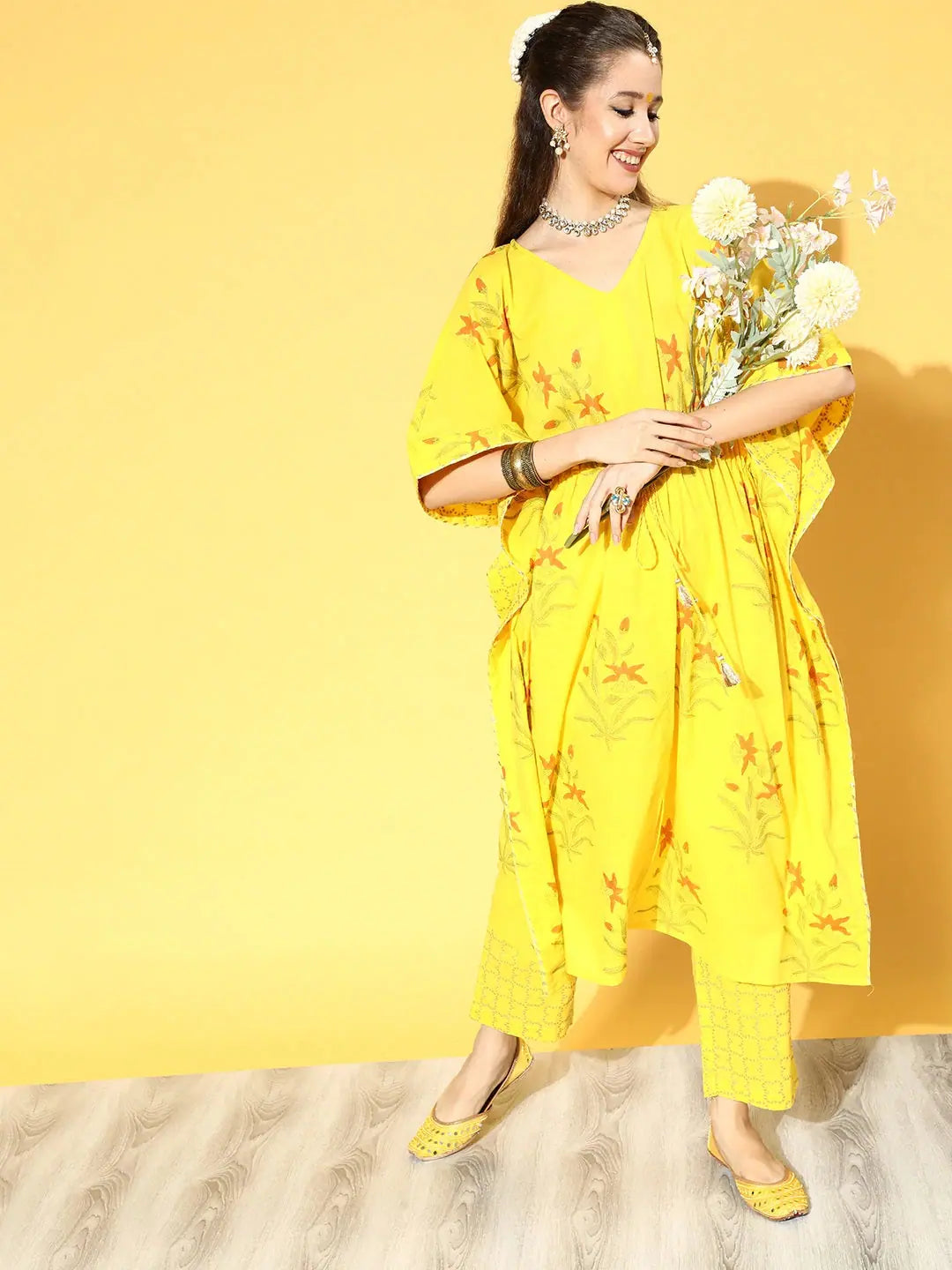 Ahika Bright Yellow Printed Kurta with Solid Palazzos