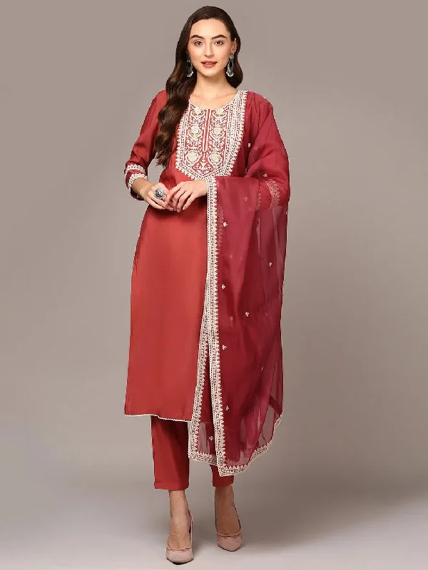 Ahika Women Rose Silk Blend Solid Straight Suit Set PKSKD1993