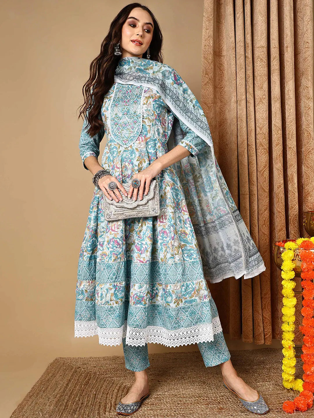 Ahika Women Blue Pure Cotton Floral Printed Kurta Trouser With Dupatta-VKSKD2076_M