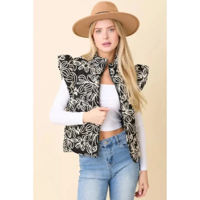 Floral Velvet Embroidered Denim Puffer Vest