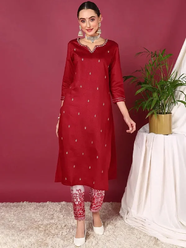 Ahika Women Red Silk Blend Embroidered Straight Kurta Pant Set