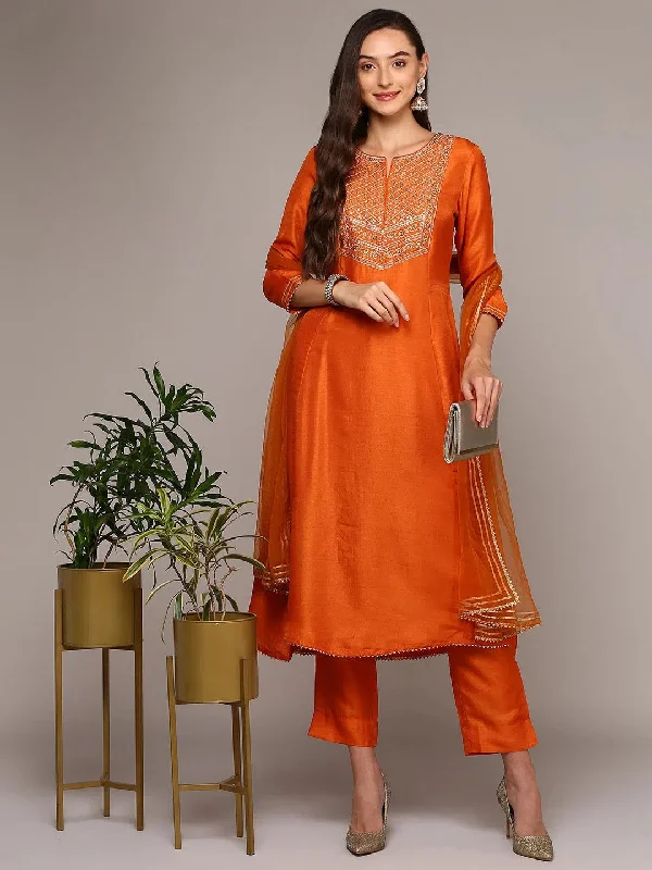 Ahika Women Silk Blend Orange Flared Kurta Pant With Dupatta PKSKD1944A