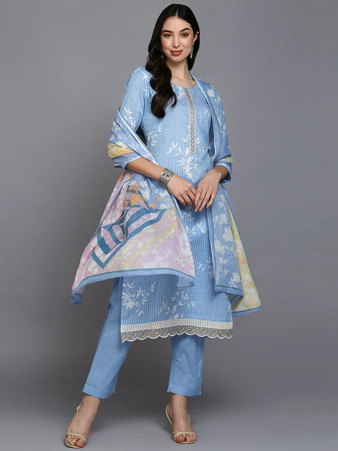 Cotton Blend Blue Printed Straight Kurta Pant-VKSKD1883_XS