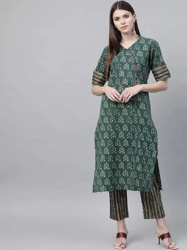 Ahika Women Green Cotton Printed Straight Kurta Pant Set-VKSET1011_L