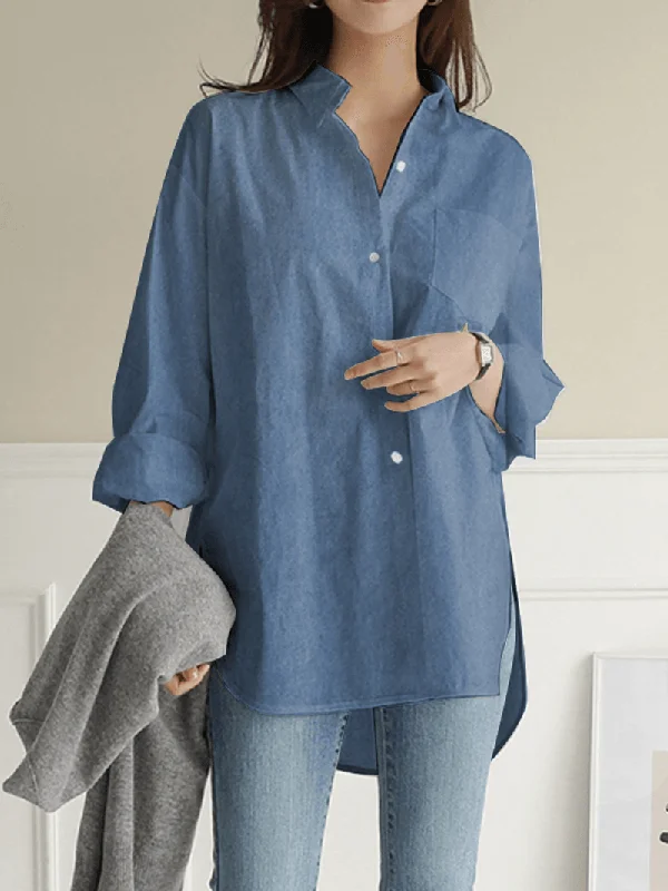 Women's Solid Color Denim Shirt with Irregular Hem and Chest Pocket