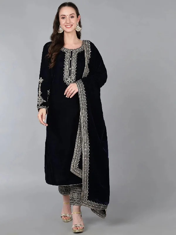 Ahika Women Velvet Embroidered Solid Kurta Trouser-PKSKD1695_XS